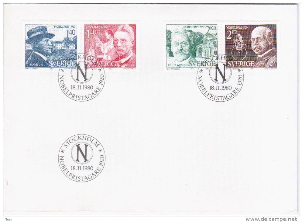 Sweden Sverige 1980 FDC Nobel Prize Winners, Hamsun, Krogh, Guillaume, Nernst, Writer Medicine Chemist Physics Chemistry - FDC