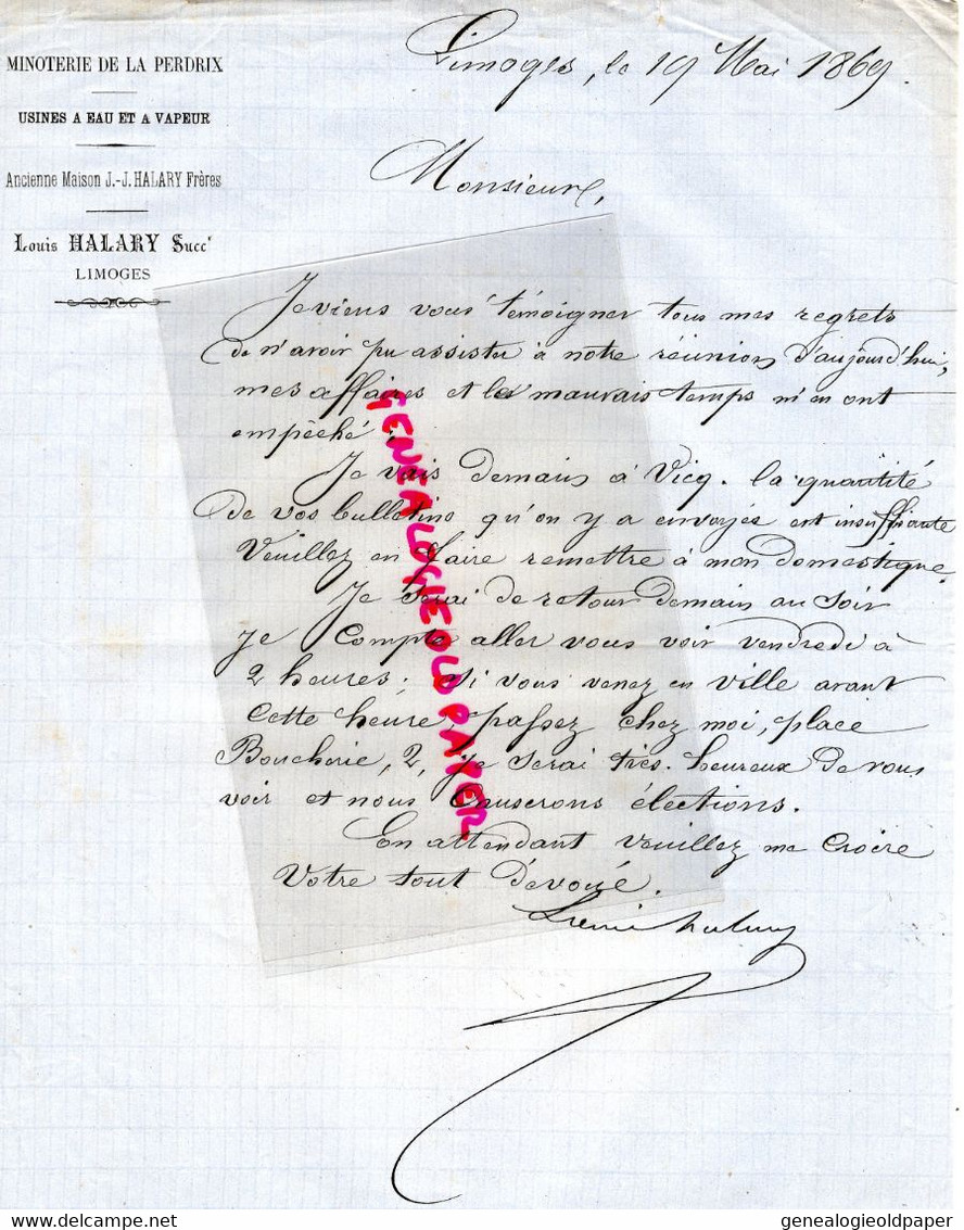 87- LIMOGES- RARE LETTRE MANUSCRITE SIGNEE LOUIS HALARY- MINOTERIE DE LA PERDRIX-1869 MINOTIER - Petits Métiers