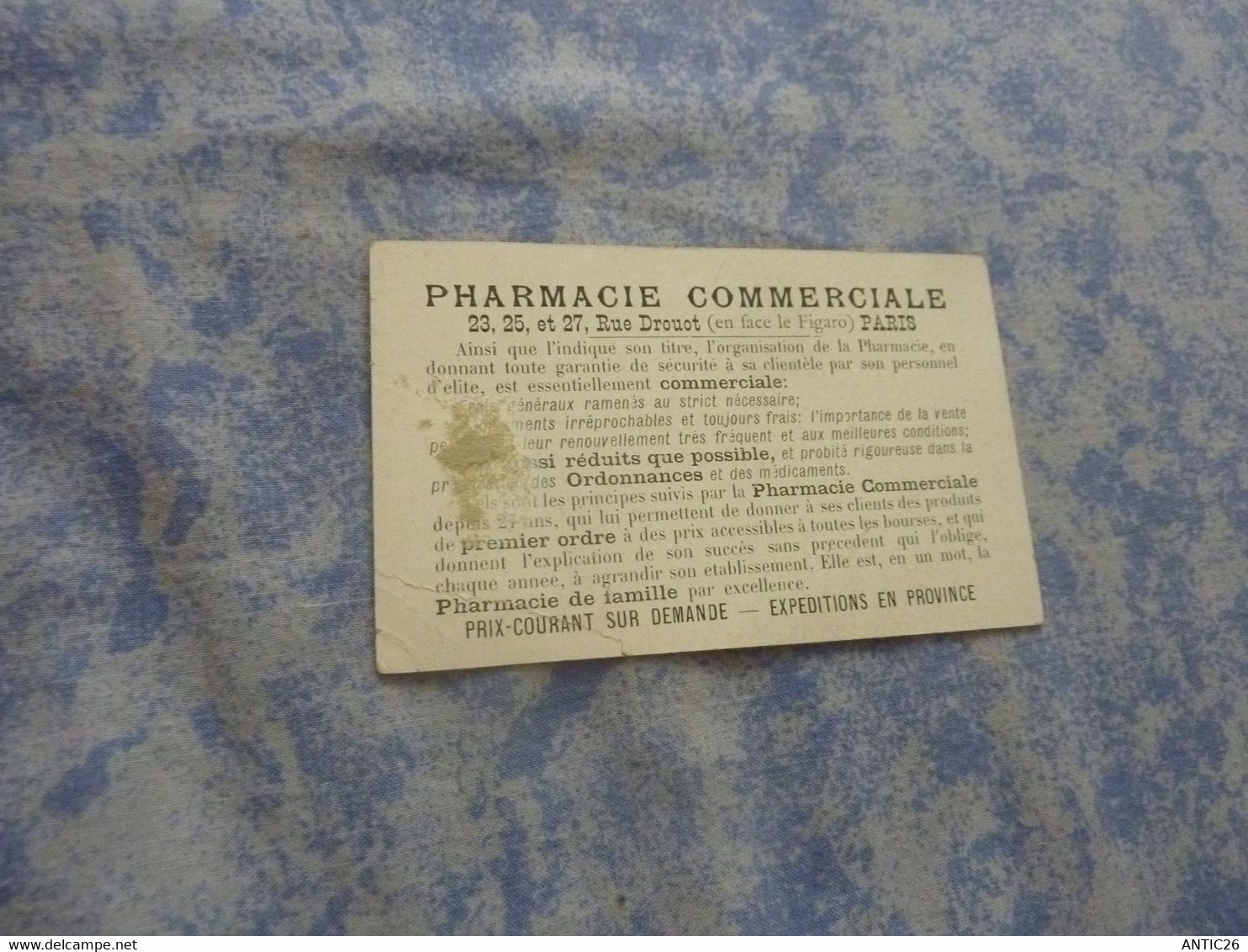Carte Publicite  Pharmacie Commerciale 23,24,25 RUE DROUOT PARIS  LA TOUR SAINT JACQUES  BE ANNEE CIRCA 1900 - Pubblicitari