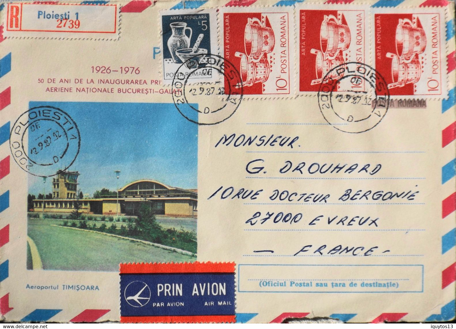 Roumanie > Aéroport TIMISOARA - Lettre Par Avion Illustrée - 50e Anniv. Ligne Aérienne Nle Bucuresti - Galati - BE - Marcofilie