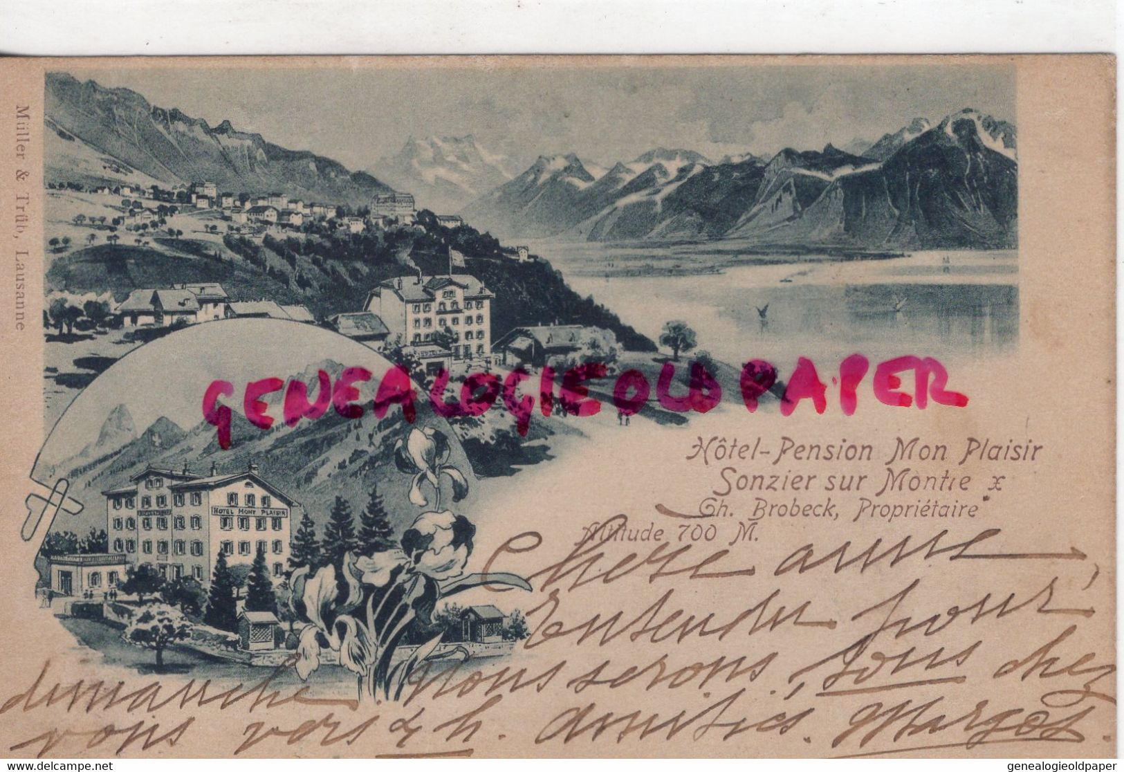 SUISSE - HOTEL PENSION MON PLAISIR SONZIER SUR MONTIE-GH. BROBECK PROPRIETAIRE-GRUSS -EDITEUR MULLER & TRUB LAUSANNE - Trub