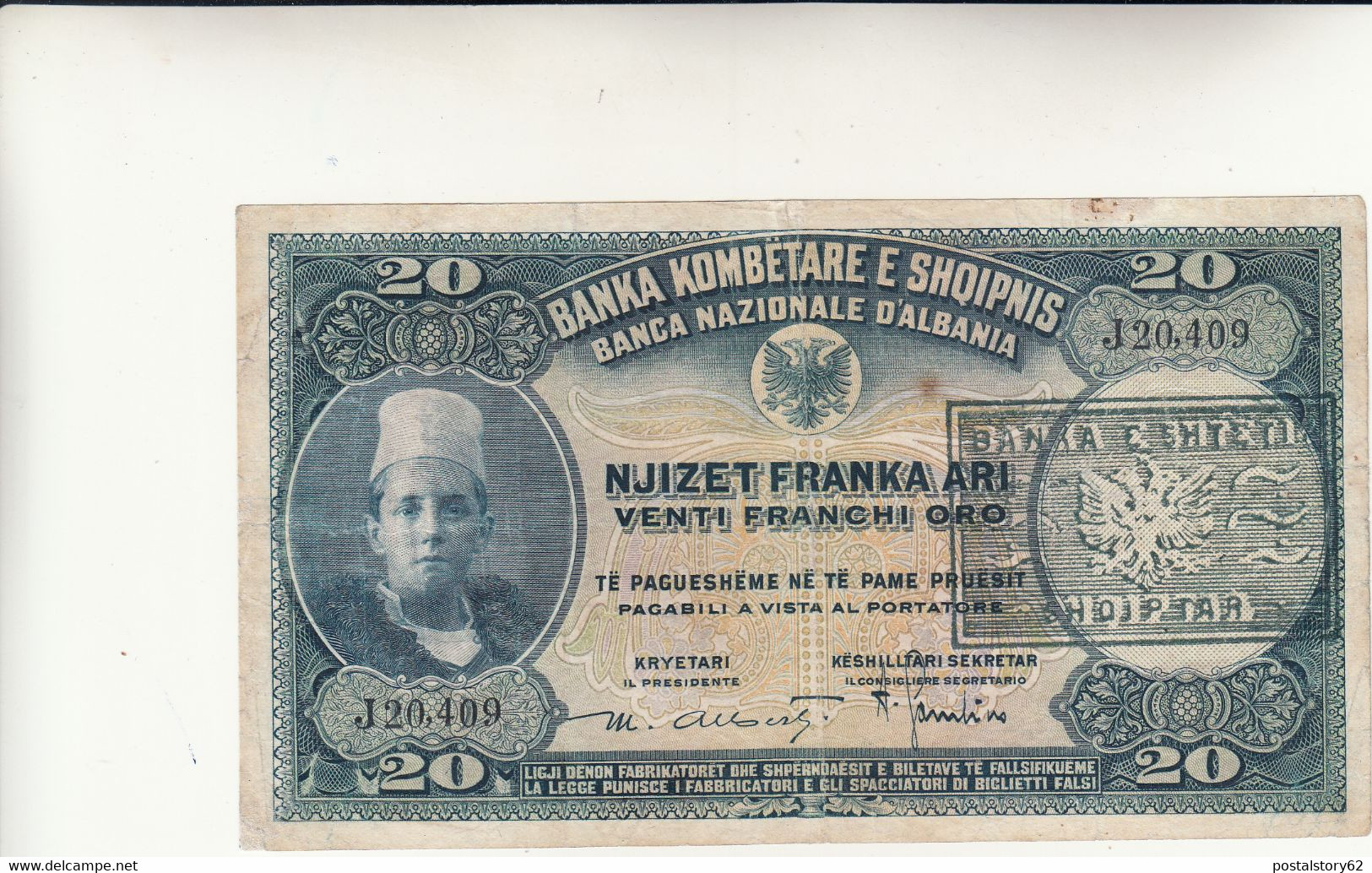 20 Franga Oro Banconota Occupazione Italiana Albania, Con Sovrastampa 1945 Rara - Albania