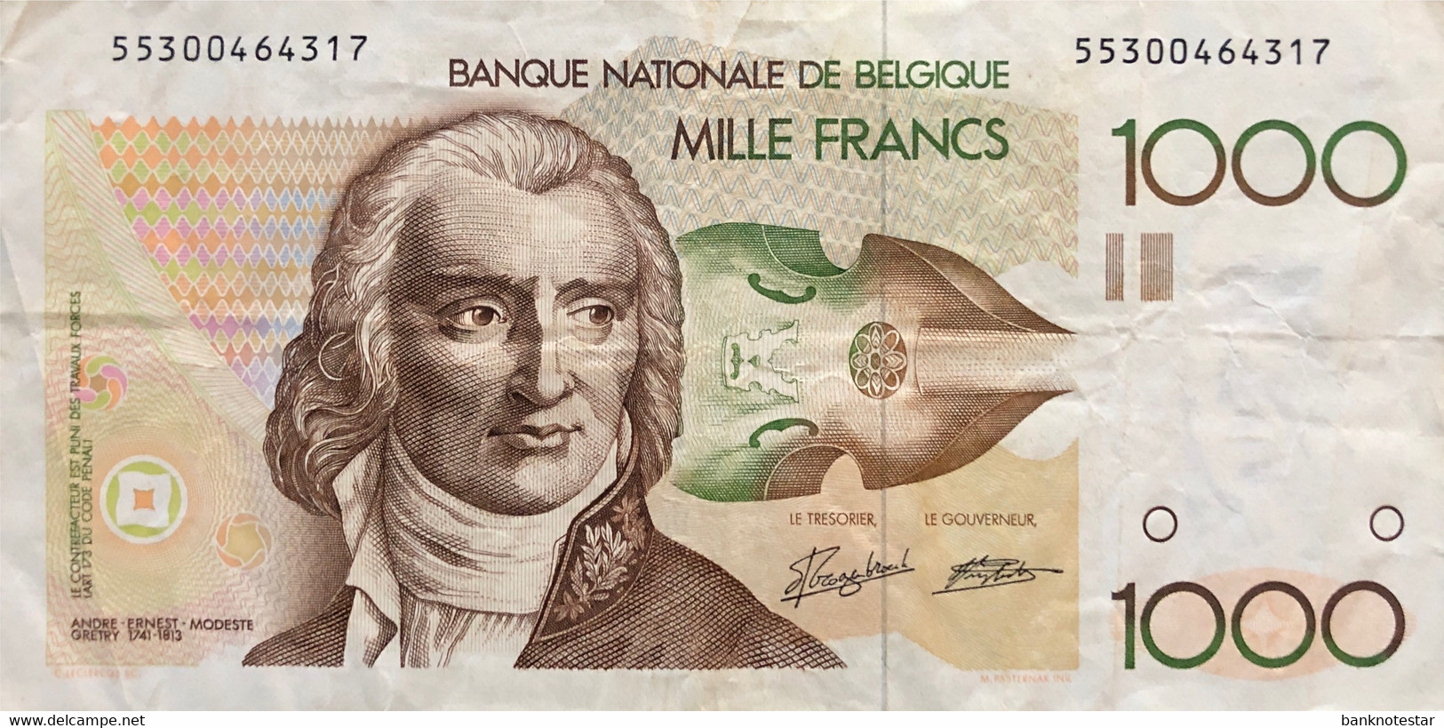 Belgium 1.000 Francs, P-144a (1989) - Fine Plus - Sign. 5 + 14 - 1000 Francs