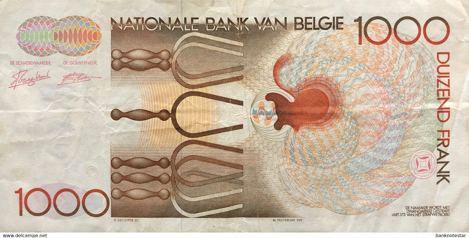 Belgium 1.000 Francs, P-144a (1989) - Fine Plus - Sign. 5 + 14 - 1000 Francos