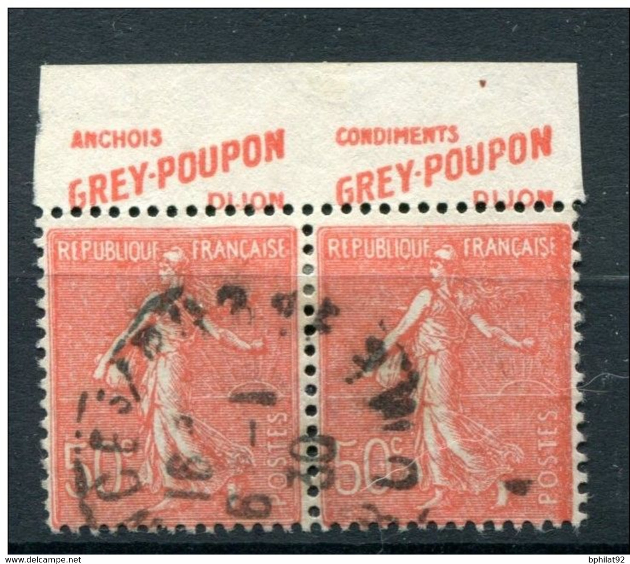 !!! 50 C SEMEUSE LIGNEE PAIRE AVEC PUBS GREY POUPON OBLITEREE - ABSENCE DE PERFO EN HAUT - Used Stamps