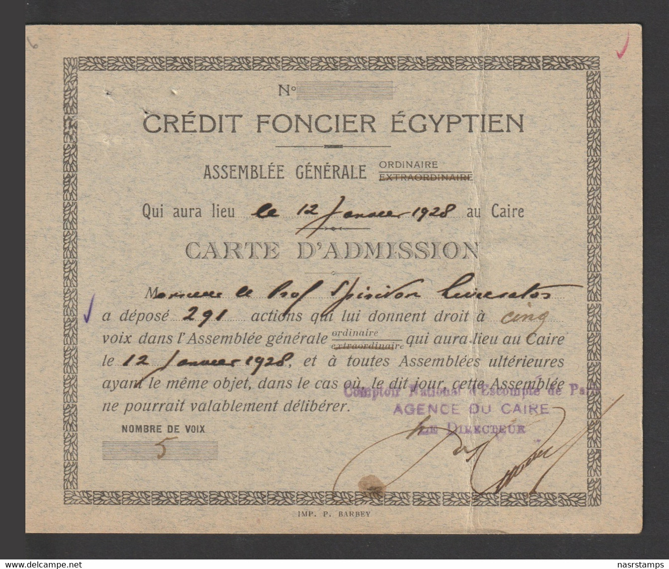 Egypt - 1928 - Rare - Vintage Admission Card - Egyptian Real Estate Credit - Brieven En Documenten