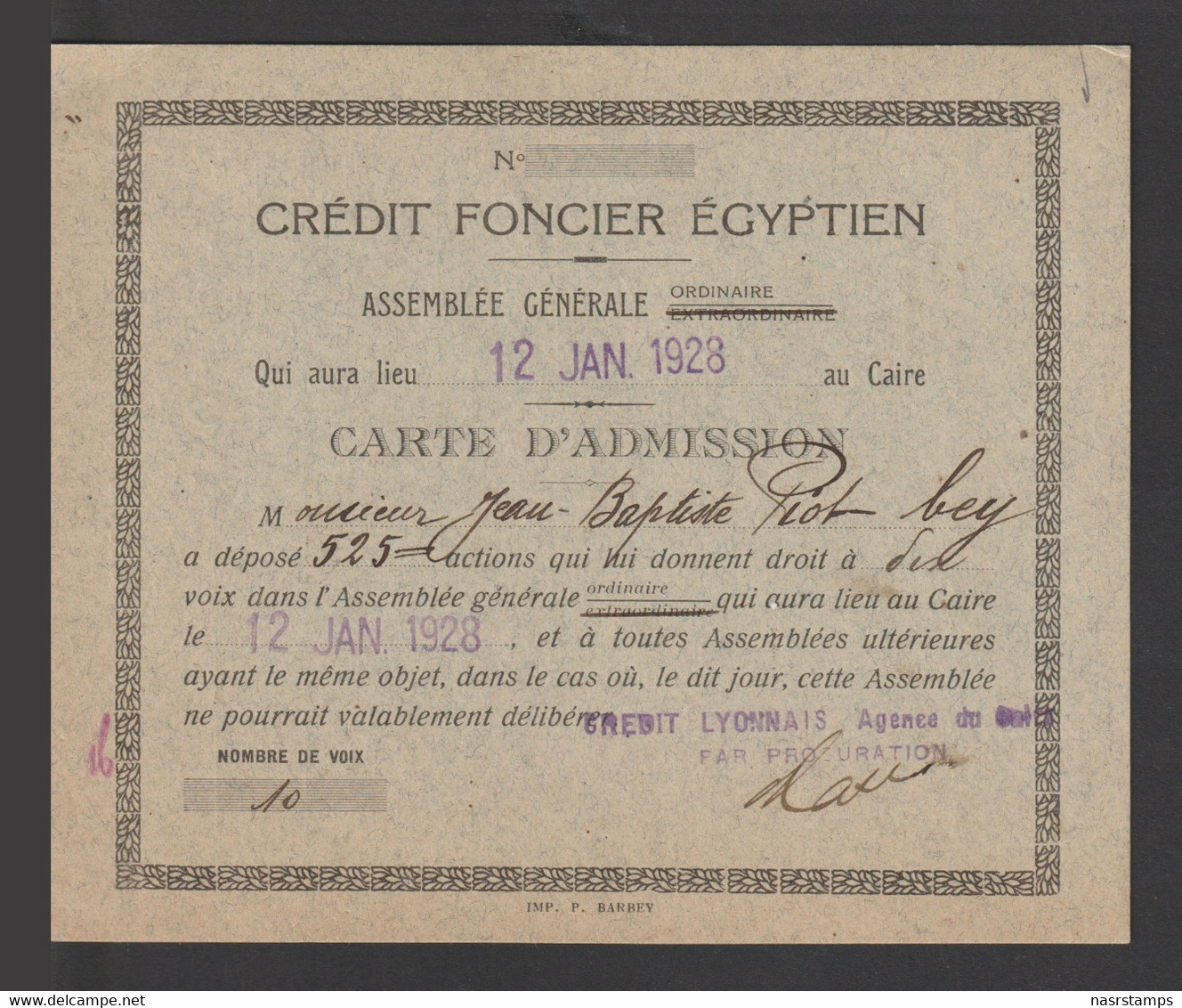 Egypt - 1928 - Rare - Vintage Admission Card - Egyptian Real Estate Credit - Briefe U. Dokumente
