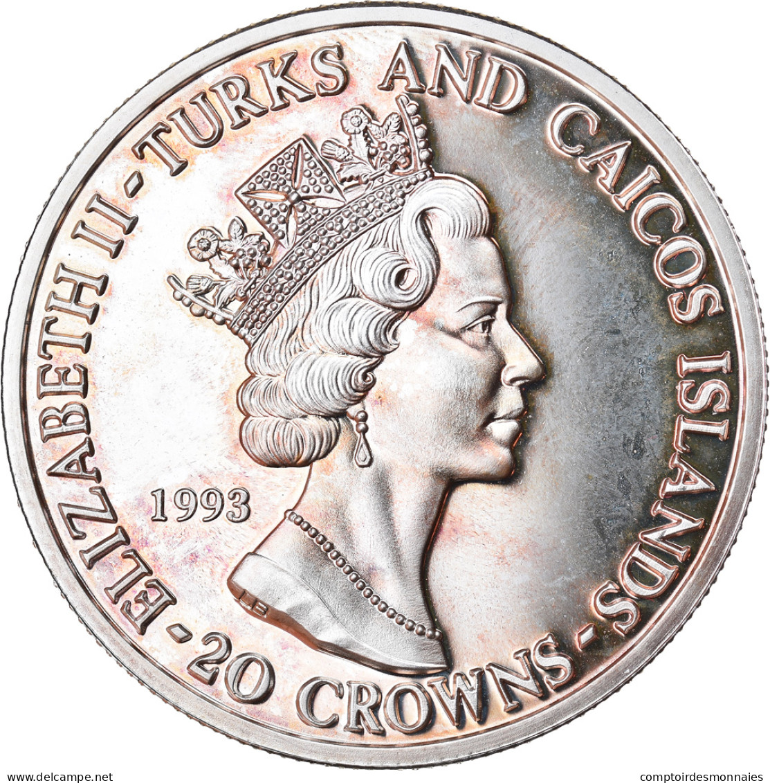 Monnaie, TURKS & CAICOS ISLANDS, 20 Crowns, 1993, Proof, FDC, Argent, KM:Pn1 - Turcas Y Caicos (Islas)