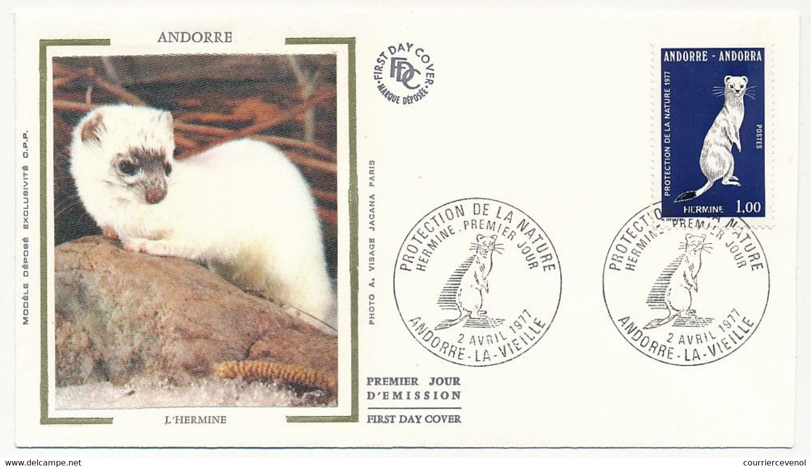 ANDORRE - Enveloppe FDC Soie => Protection Nature - 1,00 F Hermine - 2 Avril 1977 - Andorre La Vieille - FDC