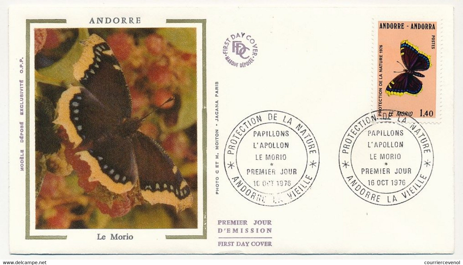 ANDORRE - 2 Enveloppes FDC Soie => Protection Nature - Papillons L'Apollon / Le Morio - 16 Oct 1976 - Andorre La Vieille - FDC