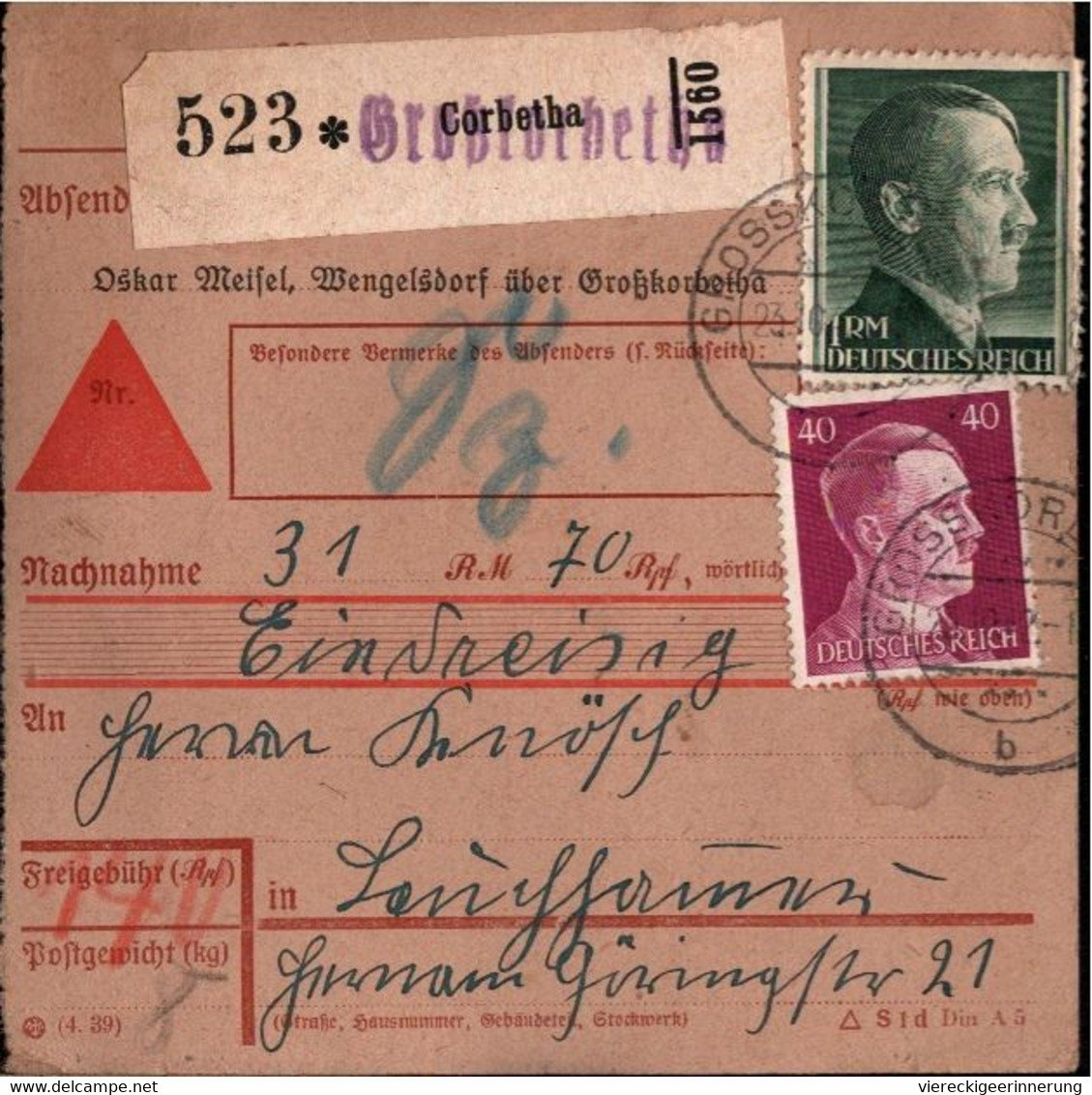 ! 1942 Groß Corbetha Nach Lauchhammer, Nachnahme Paketkarte, Deutsches Reich, 3. Reich - Cartas & Documentos