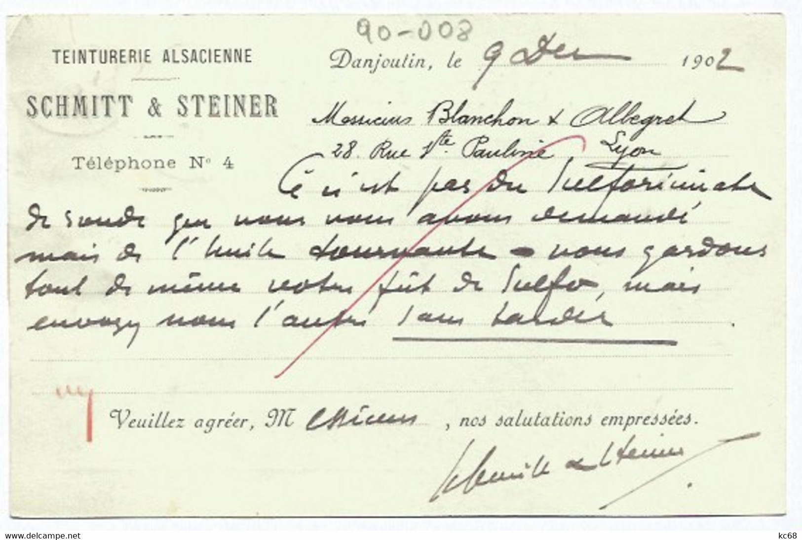 90 - DANJOUTIN - Carte Commerciale Teinturerie Alsacienne - Schmitt & Steiner - Danjoutin