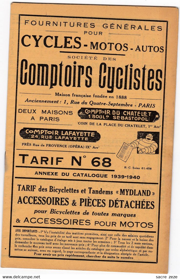 SOCIETE DES COMPTOIRS CYCLISTES-1939-40-fournitures Générales Avec Tarifs - Matériel Et Accessoires