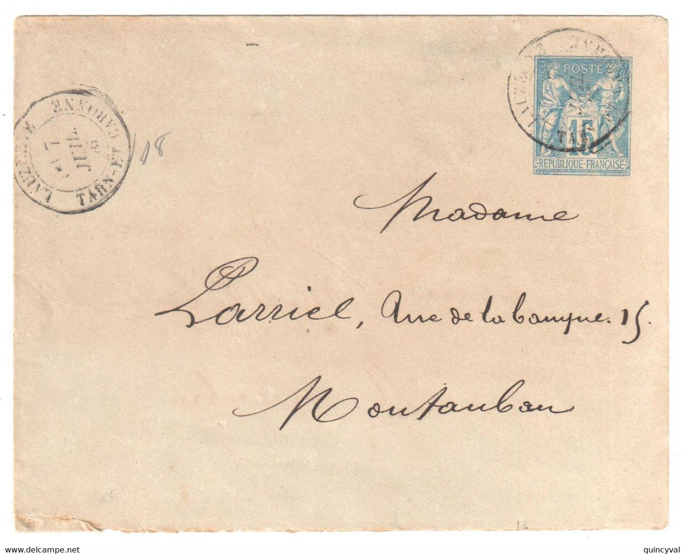LAUZERTE Tarn Et Garonne 15 Sage Entier Postal Enveloppe Yv 90-E7 123x96 Sans Date Ob 1885 Dest Montauban Verso - Standard Covers & Stamped On Demand (before 1995)