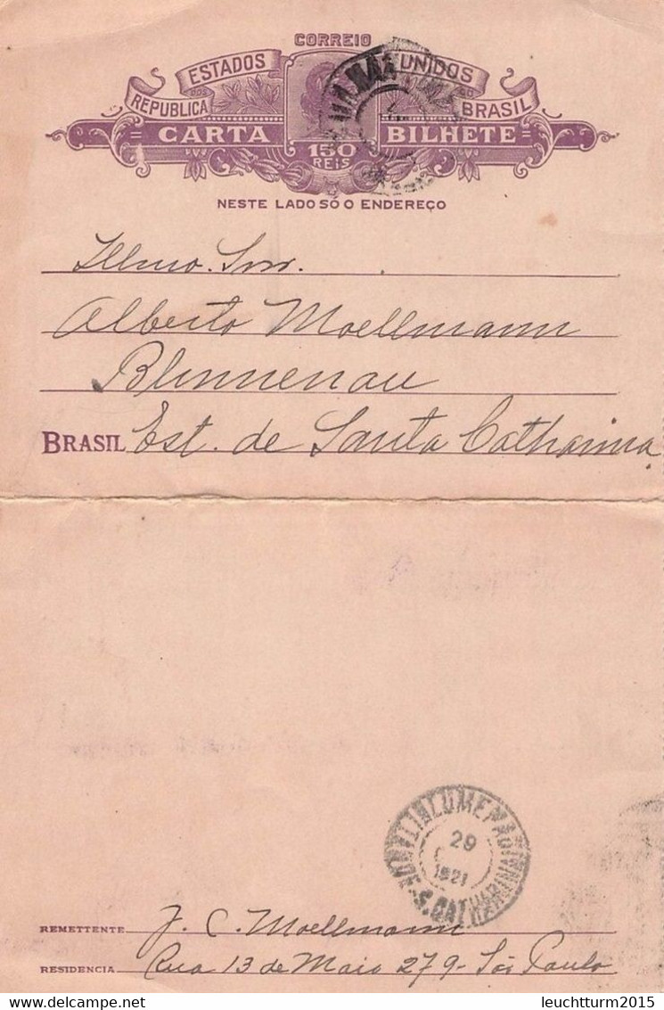 BRASILIEN - CARTA BILHETE 1921 SAO PAULO - BLUMENAU /ak688 - Entiers Postaux