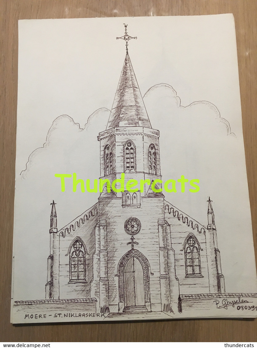 ORIGINELE  GROTE TEKENING DOOR PAUL GHYSELEN  GHIJSELEN 1991 MOERE ST NIKLAASKERK GISTEL - Dessins