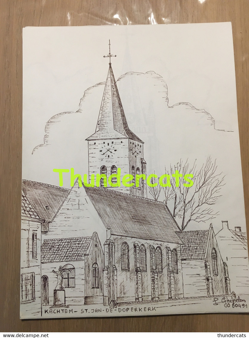 ORIGINELE  GROTE TEKENING DOOR PAUL GHYSELEN  GHIJSELEN 1991 KACHTEM ST JAN DE DOPERKERK - Dessins