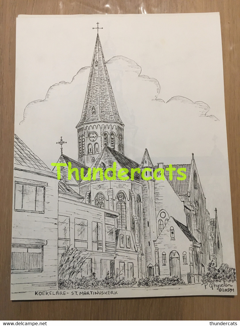 ORIGINELE  GROTE TEKENING DOOR PAUL GHYSELEN  GHIJSELEN 1991 KOEKELARE ST MARTINUSKERK - Dessins