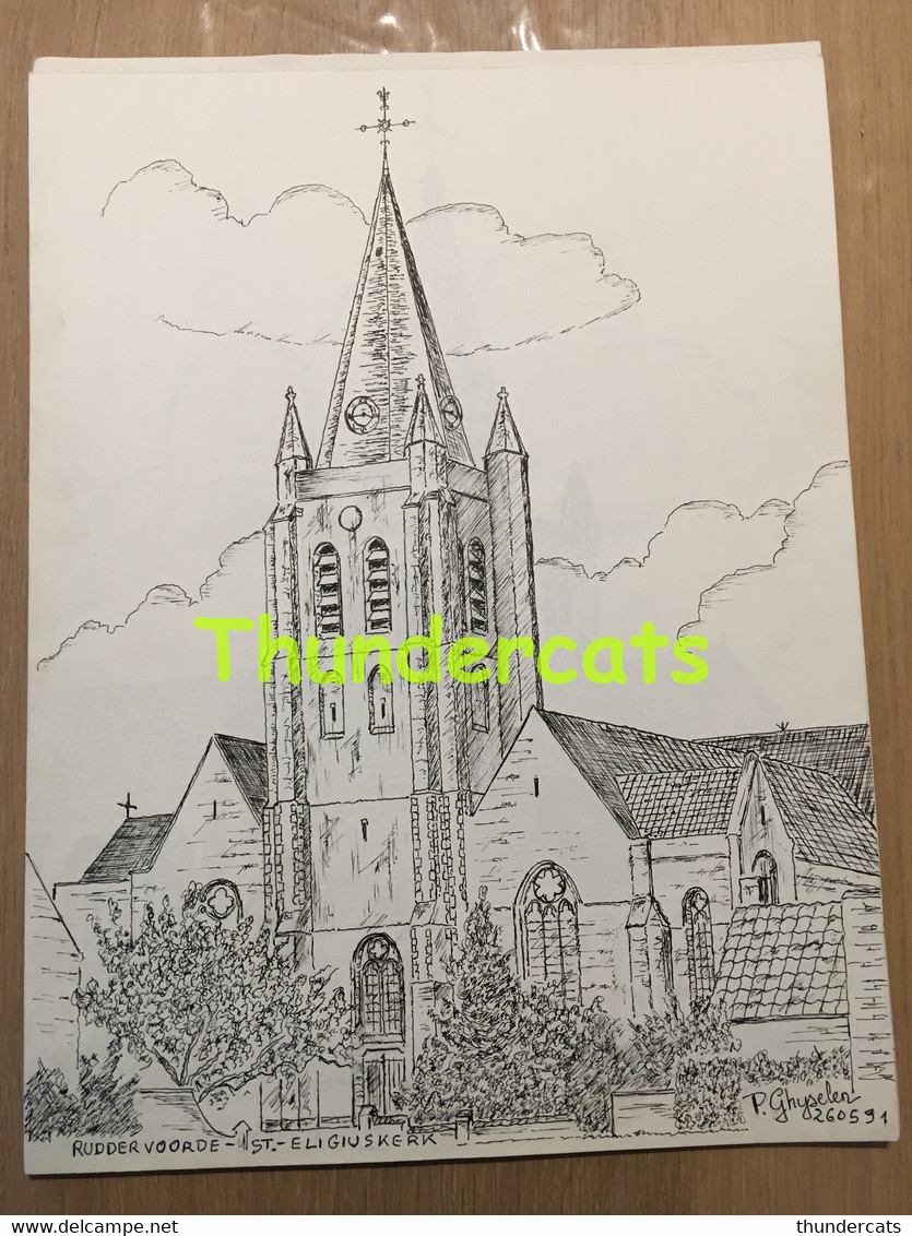 ORIGINELE  GROTE TEKENING DOOR PAUL GHYSELEN  GHIJSELEN 1991 RUDDERVOORDE ST ELIGIUSKERK - Dessins