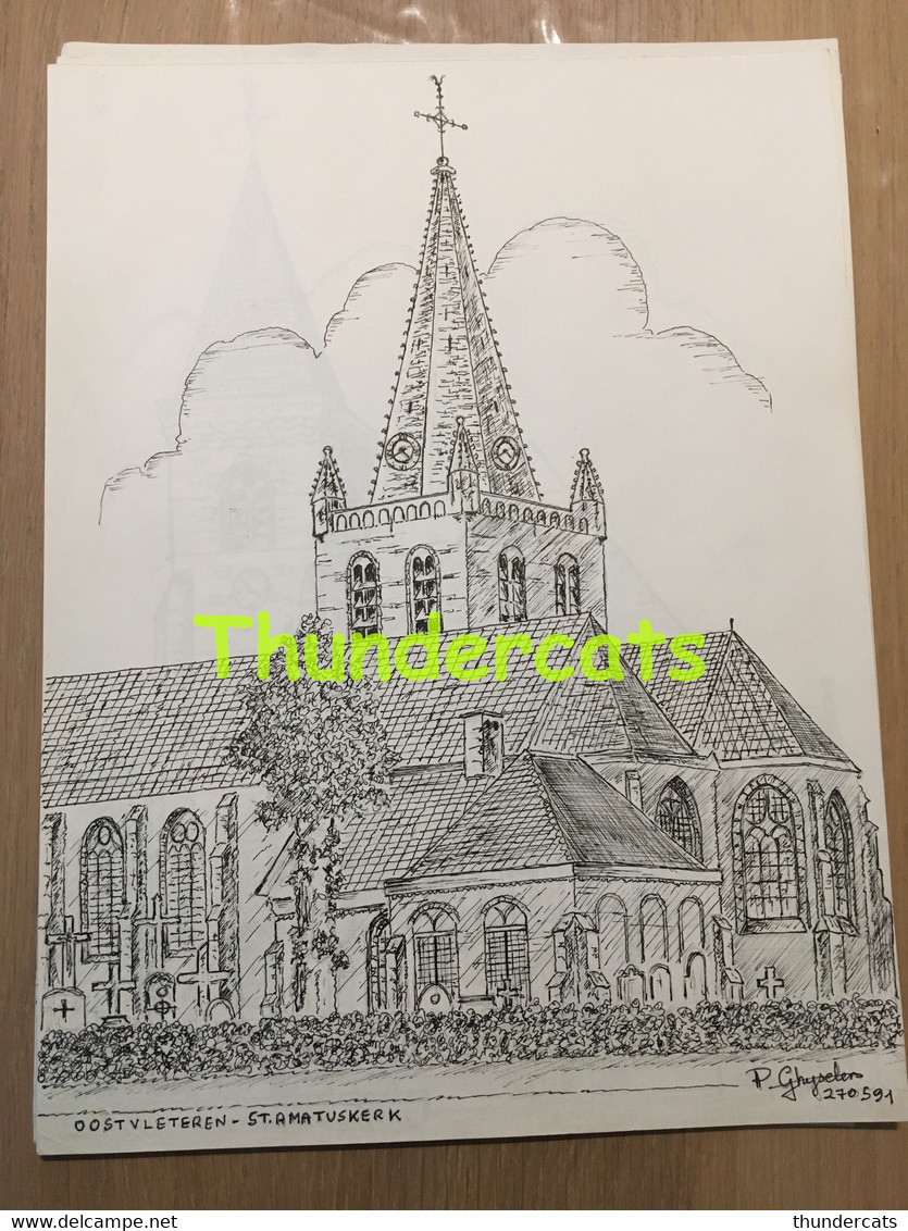 ORIGINELE  GROTE TEKENING DOOR PAUL GHYSELEN  GHIJSELEN 1991 OOSTVELTEREN OOST VLETEREN ST AMATUSKERK - Dessins