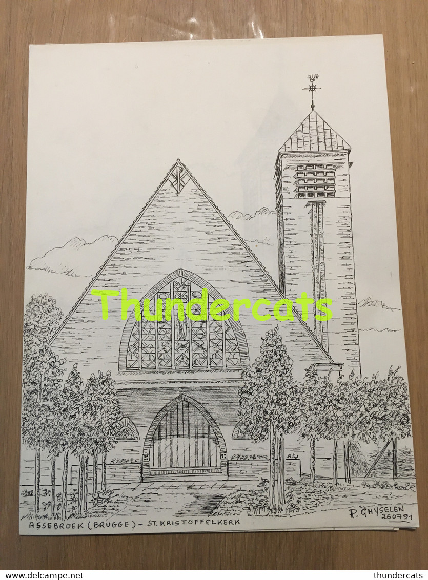 ORIGINELE  GROTE TEKENING DOOR PAUL GHYSELEN  GHIJSELEN 1991 ASSEBROEK BRUGGE BRUGES ST KRISTOFFELKERK - Dessins