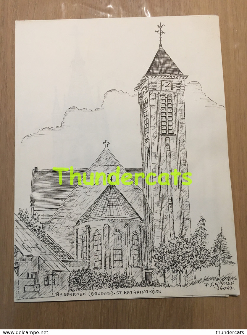 ORIGINELE  GROTE TEKENING DOOR PAUL GHYSELEN  GHIJSELEN 1991 ASSEBROEK BRUGGE BRUGES ST KATARINAKERK - Dessins