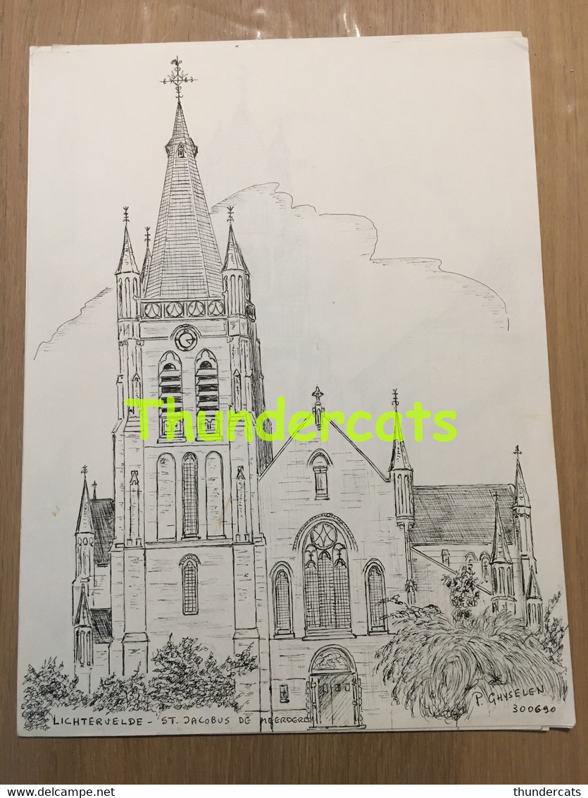 ORIGINELE  GROTE TEKENING DOOR PAUL GHYSELEN  GHIJSELEN 1991 LICHTERVELDE ST JACOBUS DE MEERDERE - Dessins