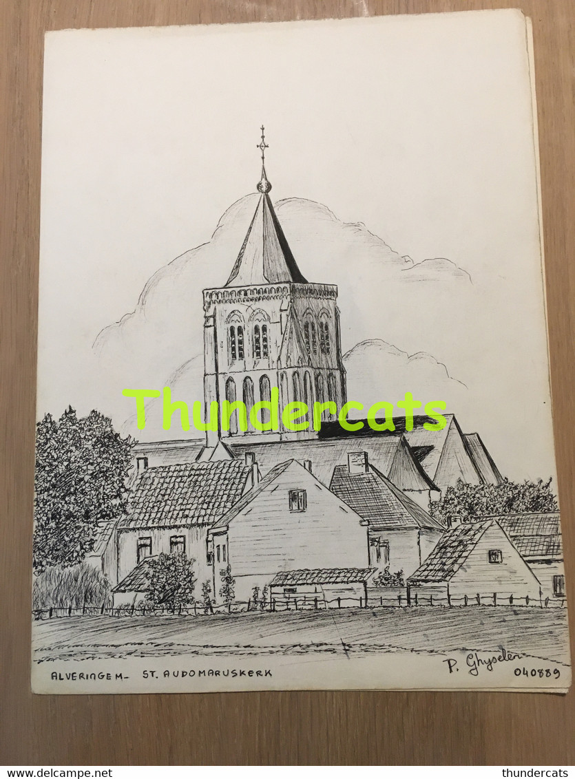 ORIGINELE  GROTE TEKENING DOOR PAUL GHYSELEN GHIJSELEN 1989 ALVERINGEM ALVERINGHEM ST AUDOMARUSKERK - Dessins