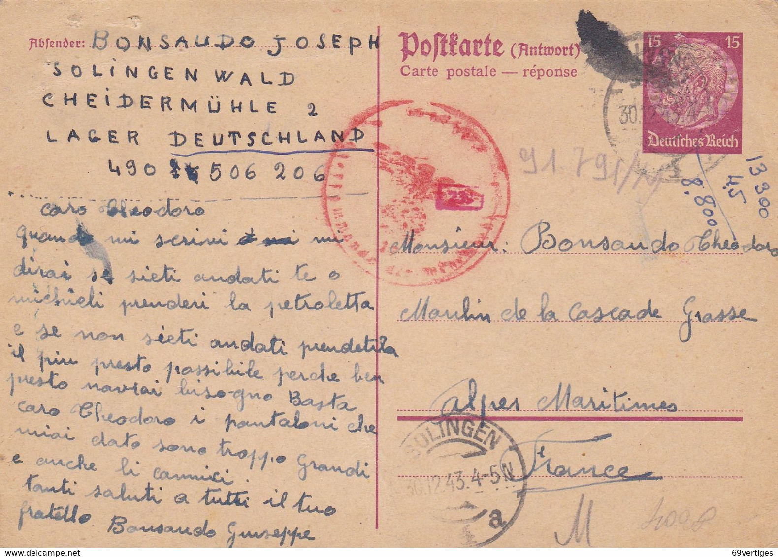 Entier Postal Deutsches Reich 15 Pfe Visé Censure , Solingen 1943 - Autres & Non Classés