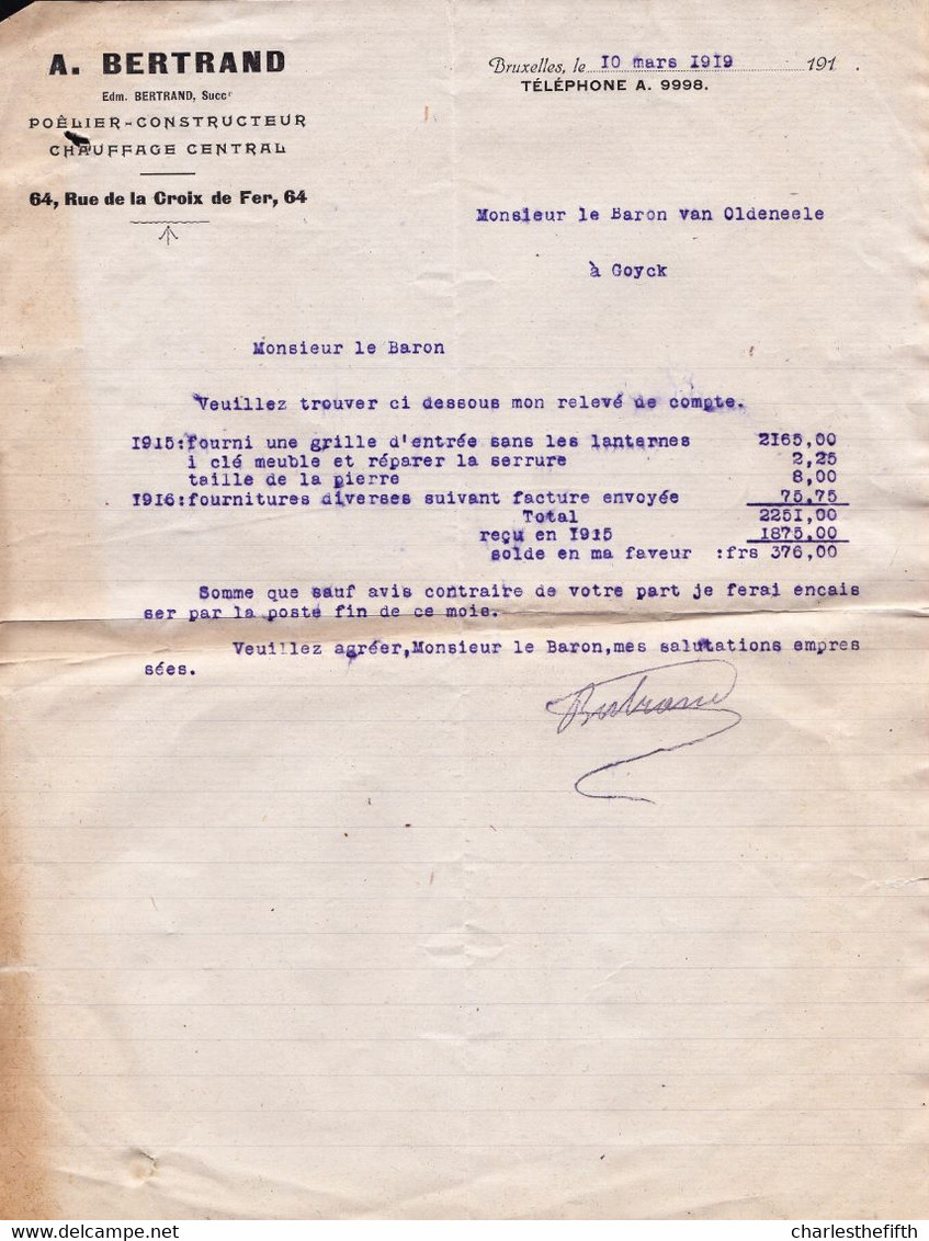 FACTURE AU BARON VAN OLDENEELE 1919 - VERSO PAR LE FACTEUR " ABSENT " + SUPERBE RELAIS GOYCK + Tampon LENNICK St QUENTIN - 1900 – 1949