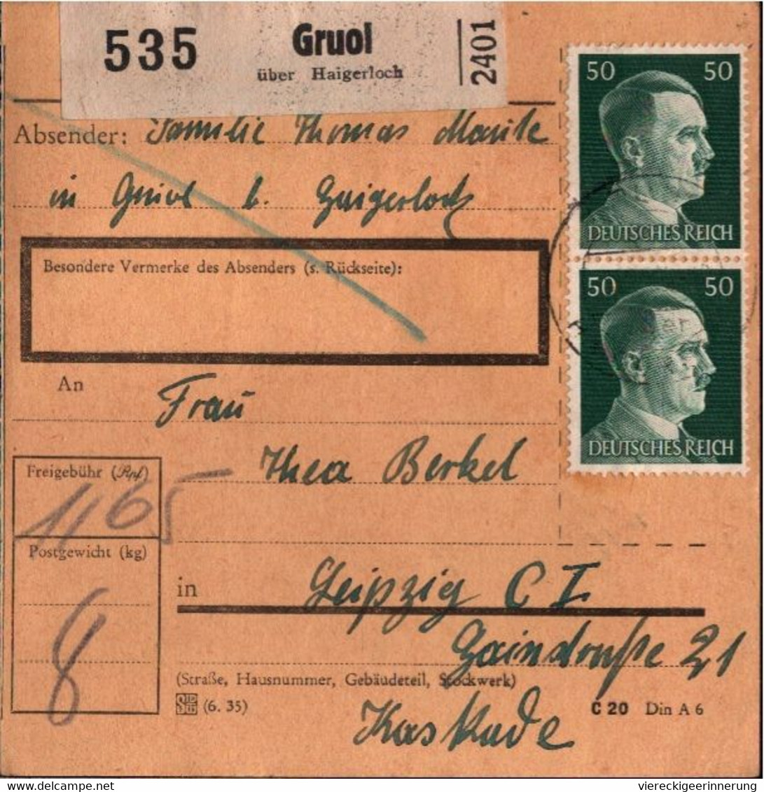 ! 1942 Gruol über Haigerloch Nach Leipzig, Paketkarte, Deutsches Reich, 3. Reich - Briefe U. Dokumente