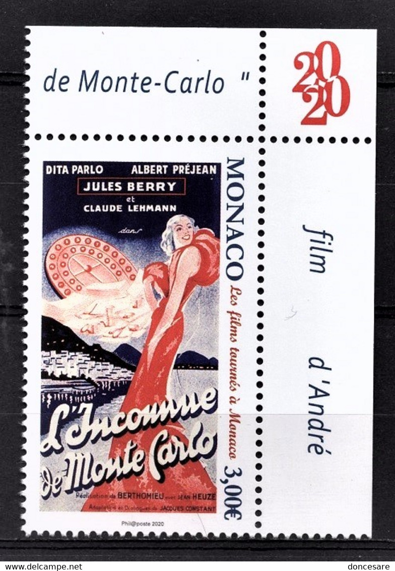 MONACO 2020 -  Y.T. N° 3252 /  LES FILMS TOURNÉS À MONACO - L'INCONNUE DE MONTE-CARLO  - NEUF ** - Unused Stamps