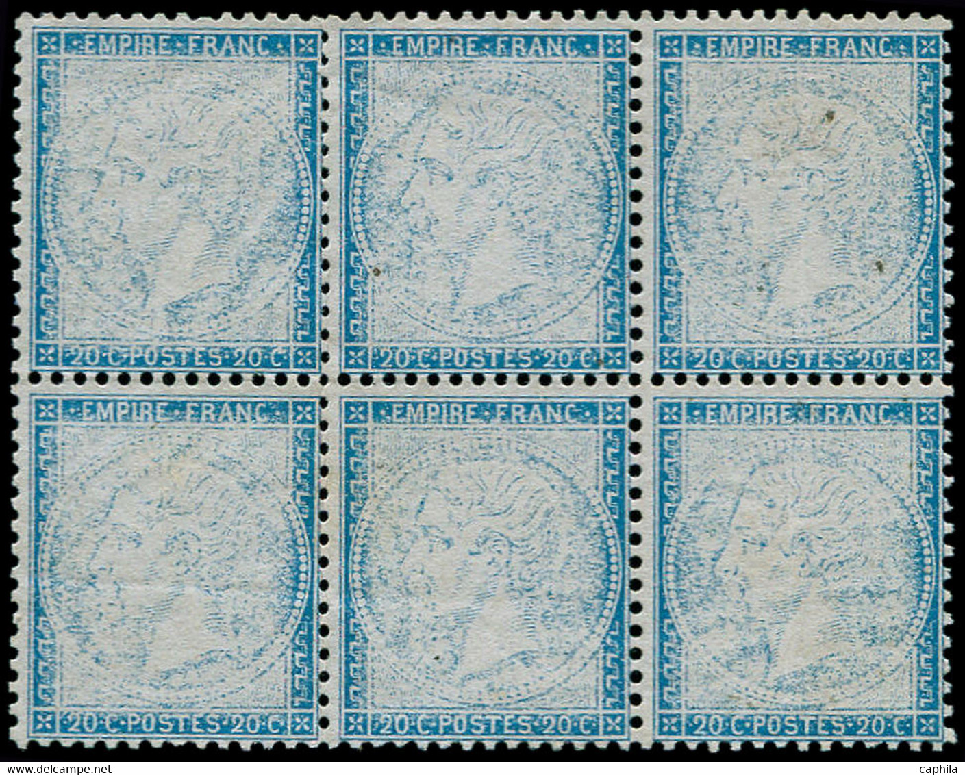(*) FRANCE - Poste - 14, Bloc De 6 Essais, Effigie Floue, Dentelés, (2 Ex. Légers Plis): 20c. Bleu - 1853-1860 Napoleon III