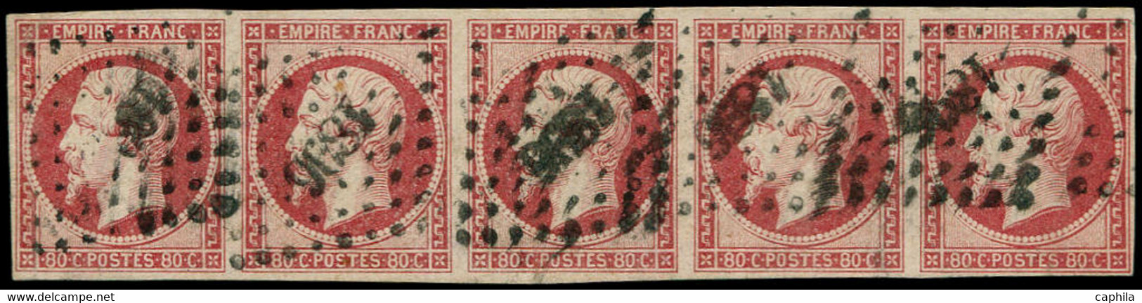 O FRANCE - Poste - 17A, Bande De 5, Filet Intacts, Signée Brun: 80c. Carmin - 1853-1860 Napoleon III