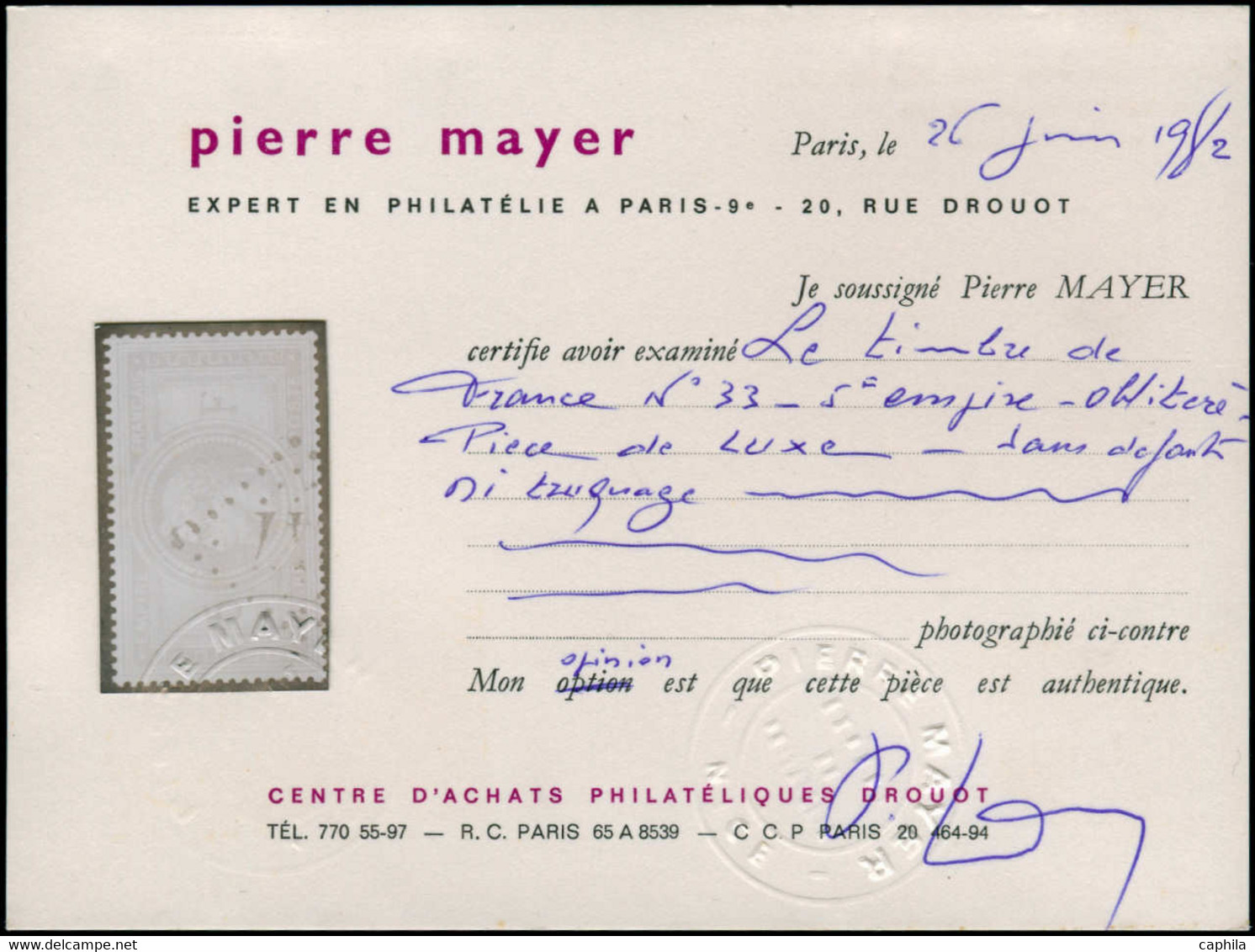 O FRANCE - Poste - 33, Signé Calves, TB, Certificat Mayer: 5f. Violet-gris - Other & Unclassified