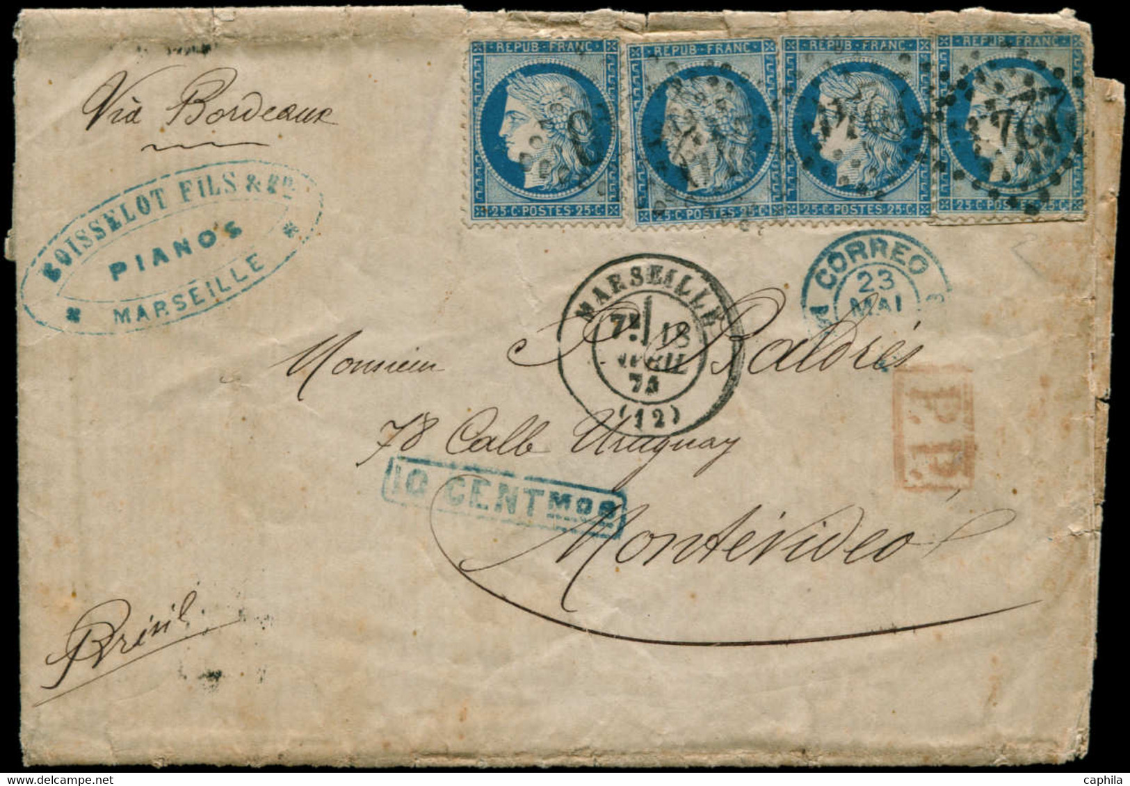 LET FRANCE - Poste - 60A (x4), Lettre Du 18/4/74 Pour L'Uruguay Via Bordeaux, Taxée "10 Centimos" (2 Ex. Dents Courtes) - 1849-1876: Klassieke Periode