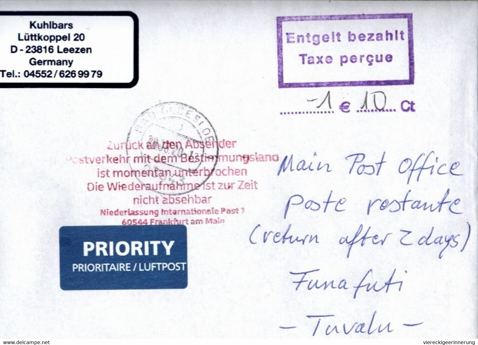 ! 28.8.2020 Cover Interruption Of Postal Service Germany To Tuvalu Because Of Covid19, Internationaler Antwortschein - Tuvalu