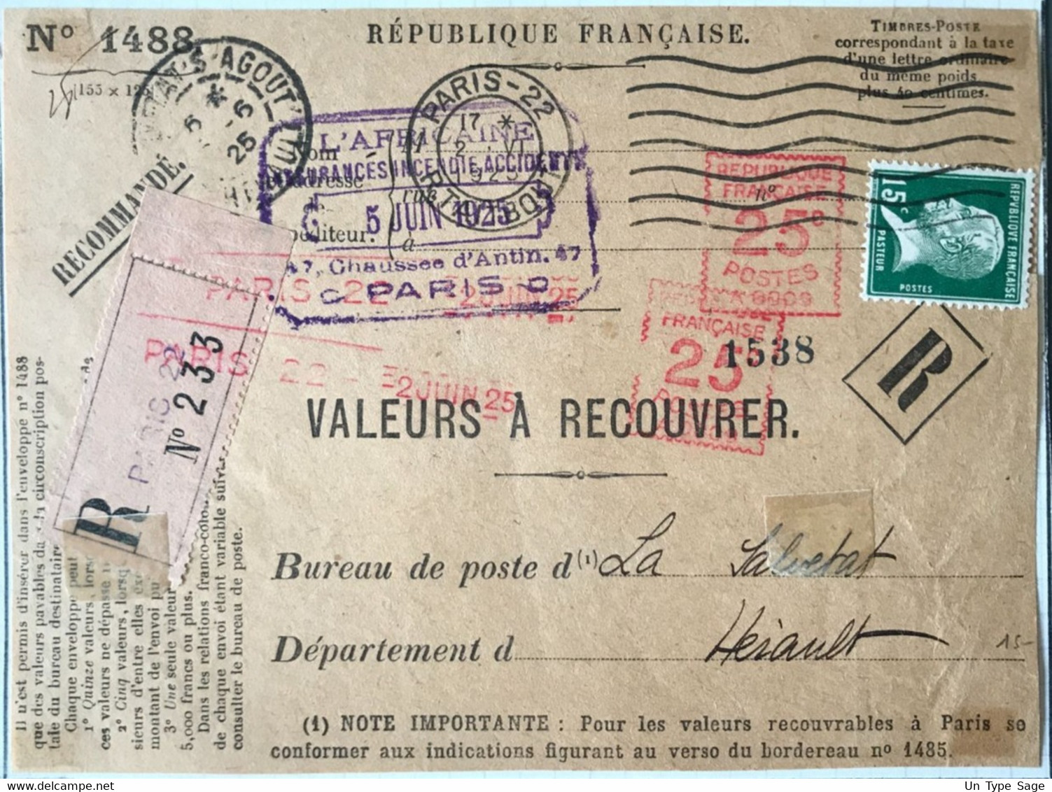 France N°171 Sur DEVANT Des Valeurs à Recouvrer + Complément EMA - 2.6.1925 - (C1571) - 1921-1960: Modern Tijdperk