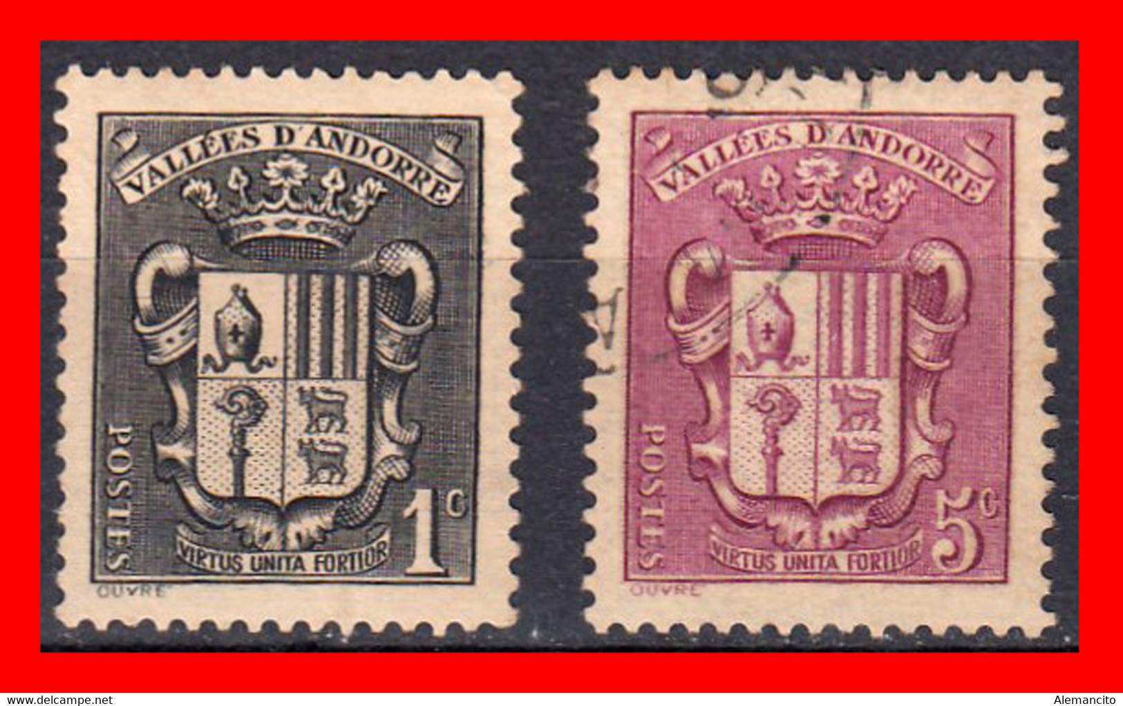 ANDORRA  2 SELLOS DEL ESCUDO NACIONAL AÑO 1936 - Usados