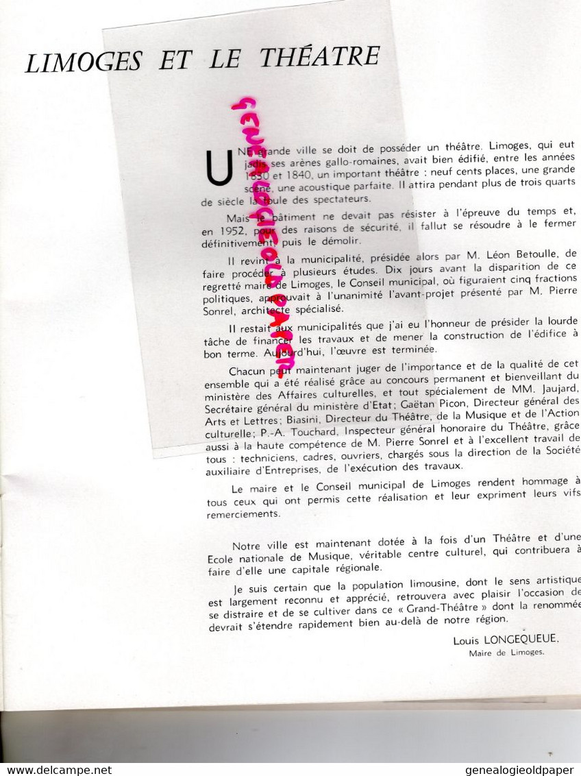 87 -LIMOGES- RARE PROGRAMME GRAND THEATRE 17 MARS 1963-N° 66- LILIANE BERTON-FORTUNIO-ANDRE MESSAGER-JOUINEAU-BOKANOWSKI - Programma's
