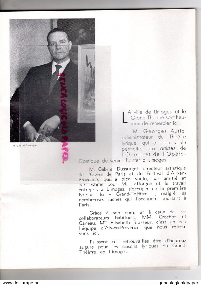 87 -LIMOGES- RARE PROGRAMME GRAND THEATRE 17 MARS 1963-N° 66- LILIANE BERTON-FORTUNIO-ANDRE MESSAGER-JOUINEAU-BOKANOWSKI