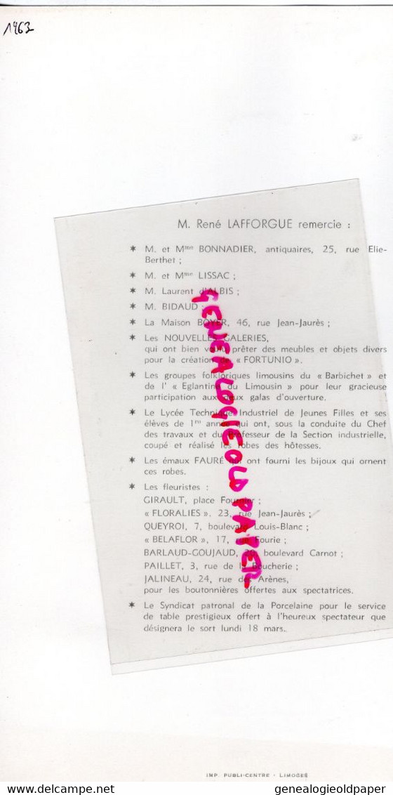 87 -LIMOGES- RARE PROGRAMME GRAND THEATRE 17 MARS 1963-N° 66- LILIANE BERTON-FORTUNIO-ANDRE MESSAGER-JOUINEAU-BOKANOWSKI