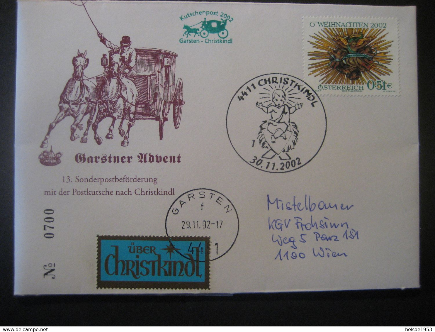 Österreich- Garsten 30.11.2002  Beleg 13. Sonderpostbeförderun Mit Postkutsche, Sondermarken Und -stempel, LZ Garsten - Briefe U. Dokumente