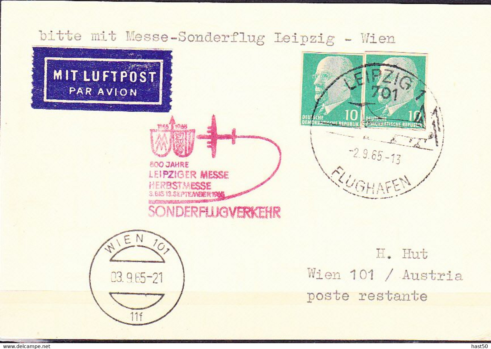 DDR GDR RDA - Luftpostkarte Messeflug Leipzig - Wien Freigemacht Mit 2x Ausschnitt Aus  P 71 Vom 2.9.1965 - Posta Aerea