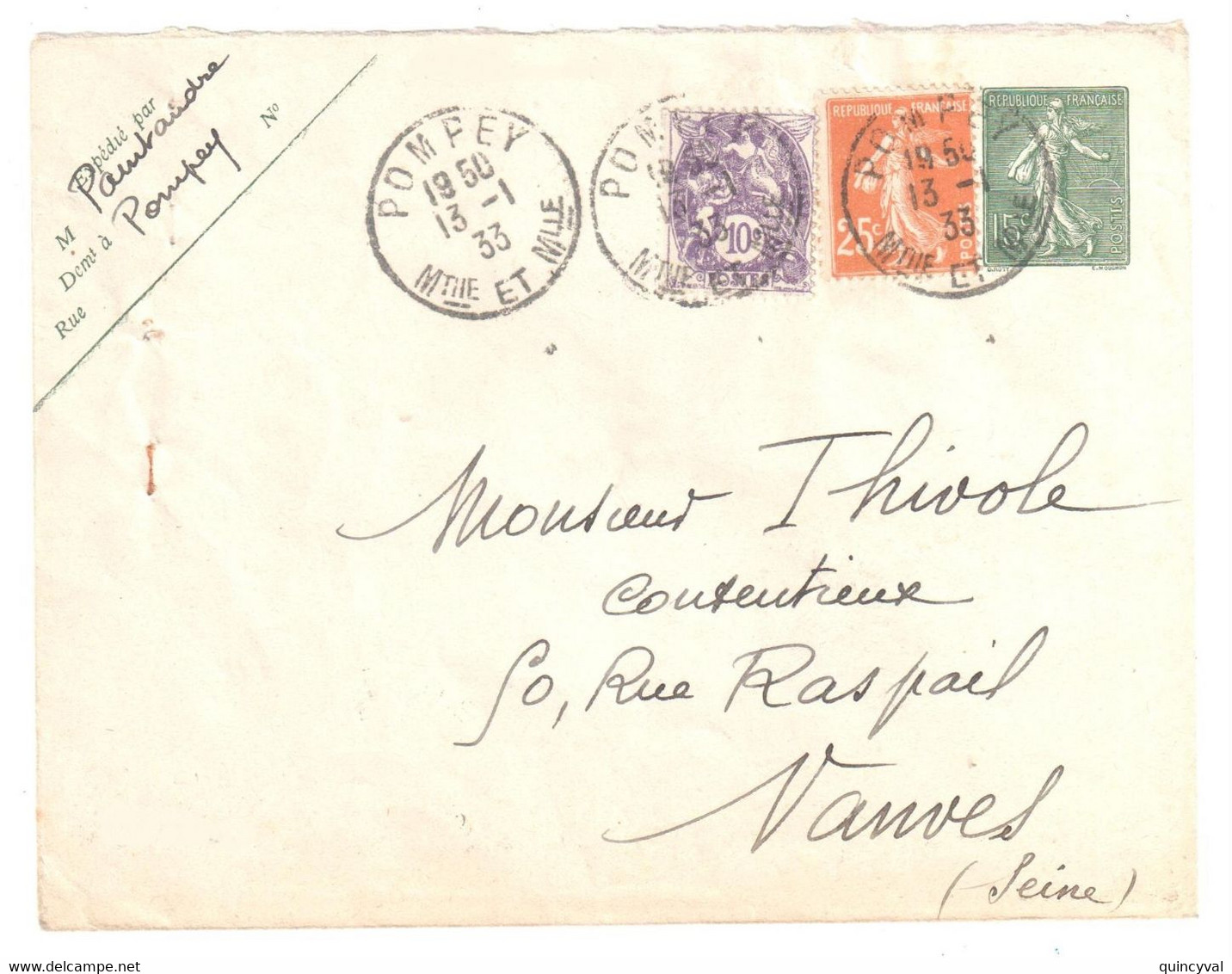 POMPEY M Et Moselle Enveoppe Entier Postale 15c Semeuse Lignée Mill 940 Compl 10C Blanc 25c Semeuse Yv 130-E9 233 235 - Standard Covers & Stamped On Demand (before 1995)