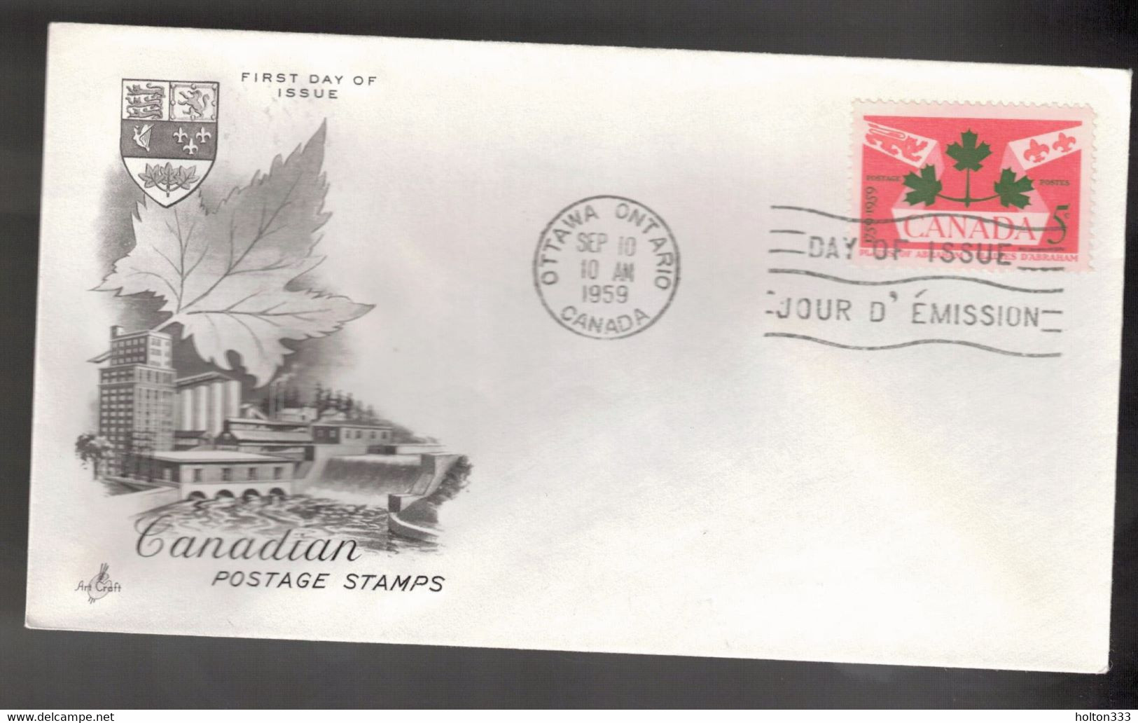 CANADA FDC Scott # 388 - Plains Of Abraham - Art Craft Cachet - 1952-1960