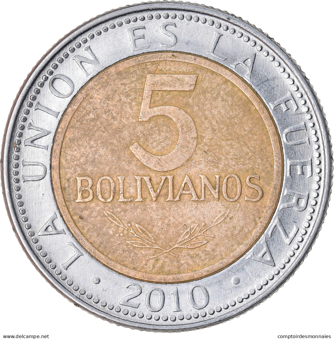 Monnaie, Bolivie, 5 Bolivianos, 2010, TTB, Bi-Metallic, KM:219 - Bolivia