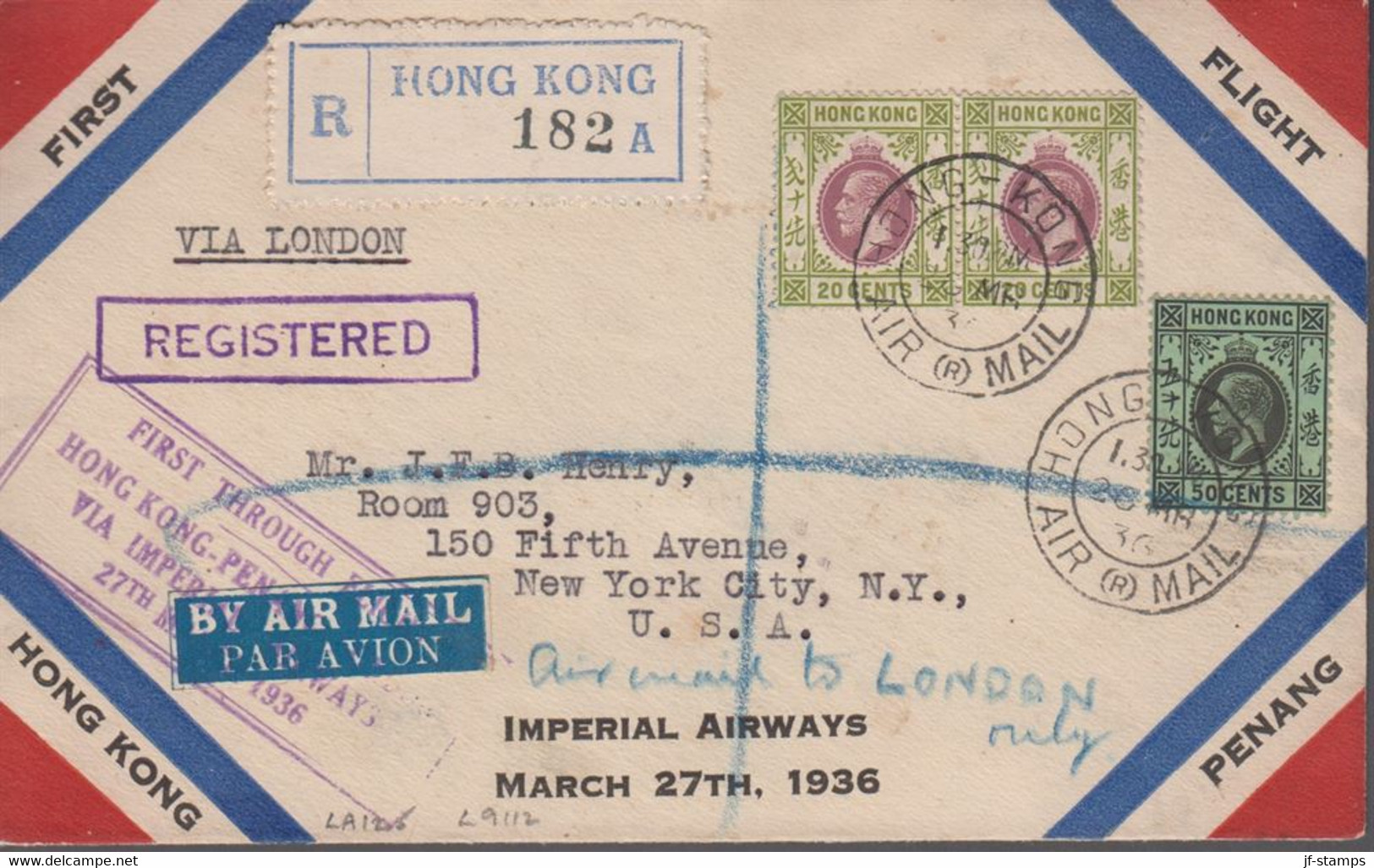 1936. HONG KONG. Georg V. 2 Ex 20 + 50 CENTS On FIRST FLICHT HONG KONG PENANG VIA IMP... (Michel 119, 122) - JF366920 - Brieven En Documenten