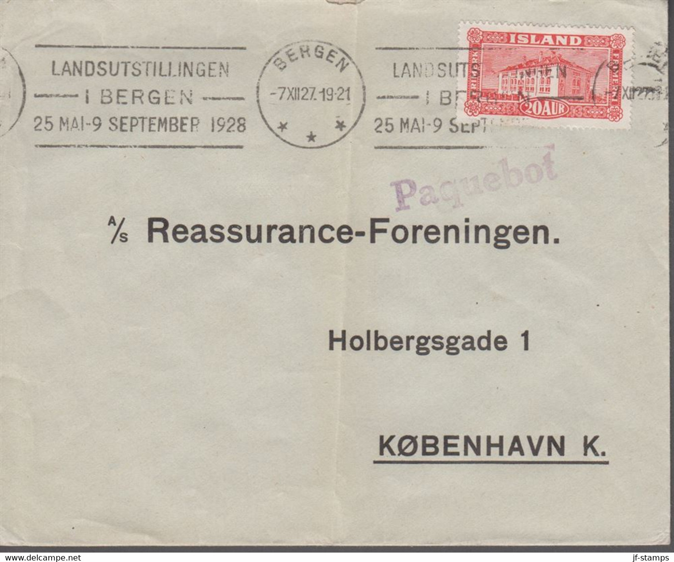 1927. ISLAND. 20 Aur REYKJAVIK. View On Ship Mail Cover To København Cancelled Paqueb... () - JF366952 - Lettres & Documents