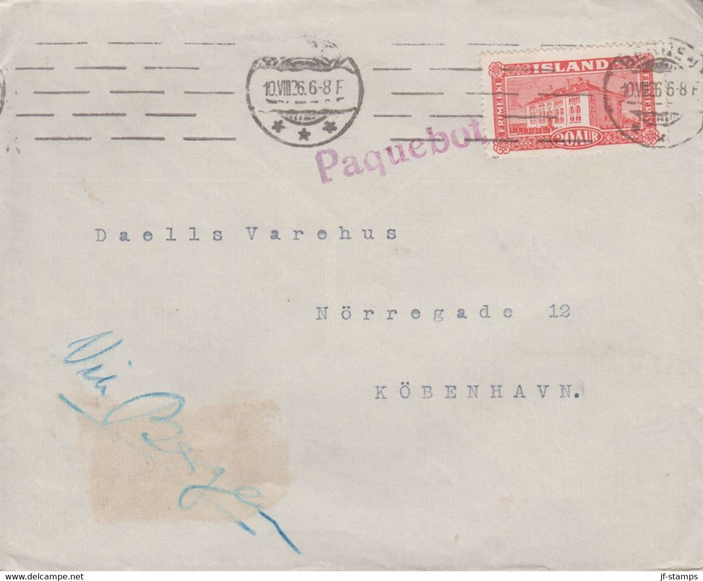 1926. ISLAND. 20 Aur REYKJAVIK. View On Ship Mail Cover To København Cancelled Paqueb... () - JF366953 - Storia Postale